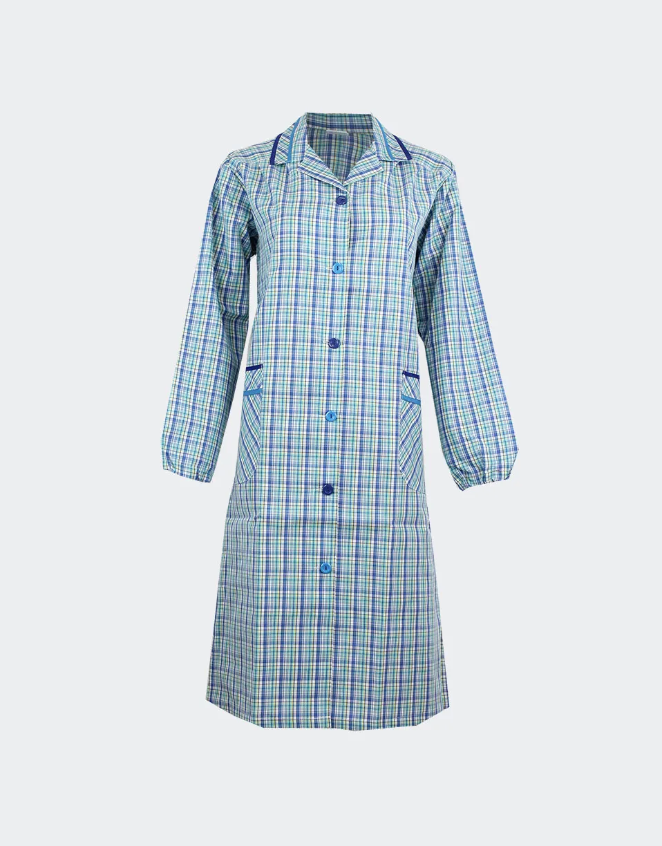 Bata mujer manga larga tela con cuello, bolsillos en cuadros verde agua, azul,amarillo