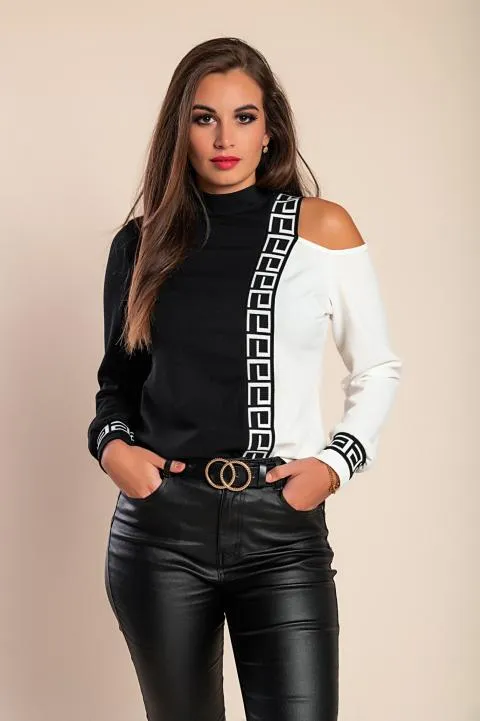 Camiseta con estampado geométrico Nelyna, blanco y negro