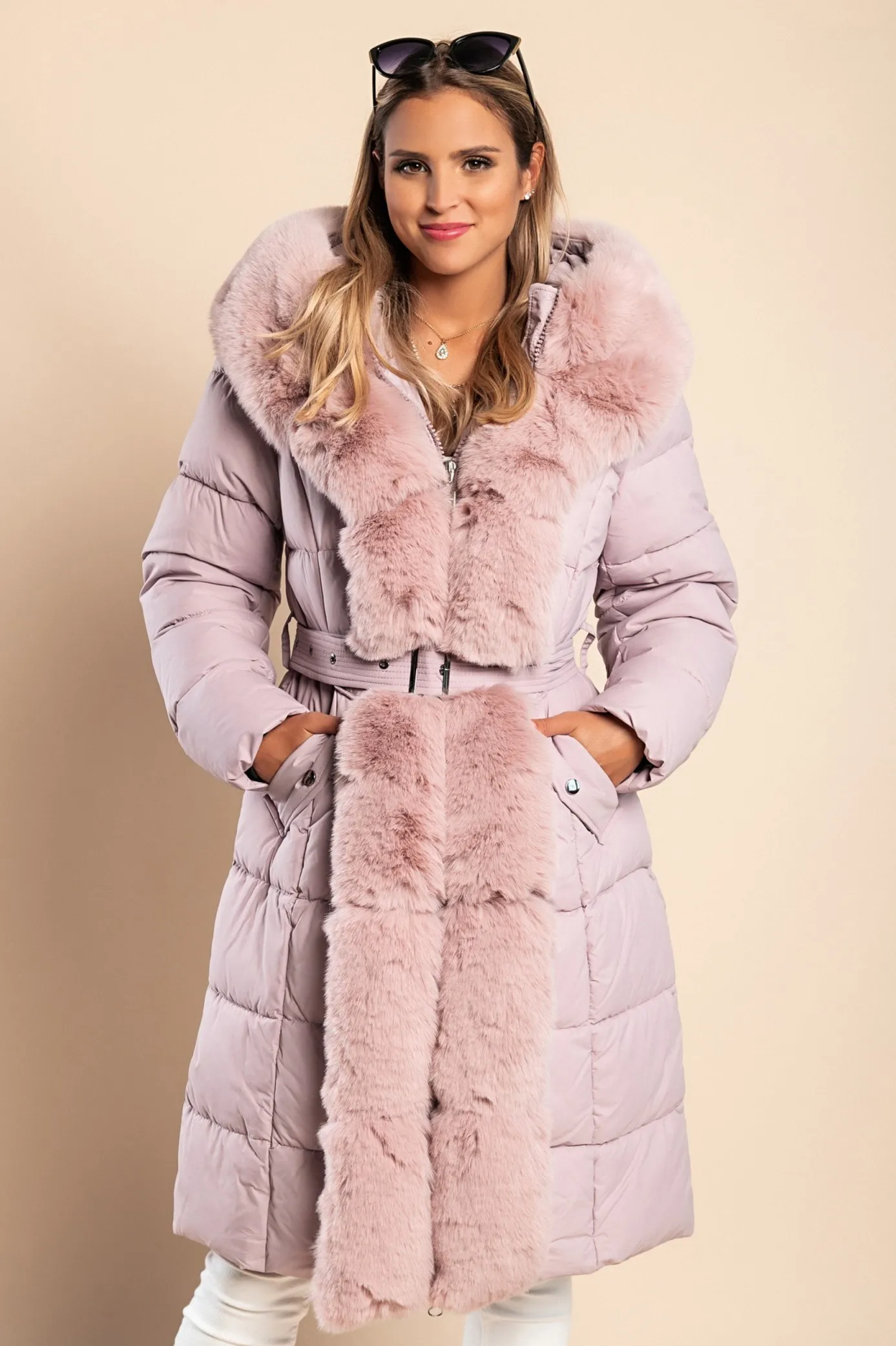 Chaqueta acolchada con pelo sintético, rosa