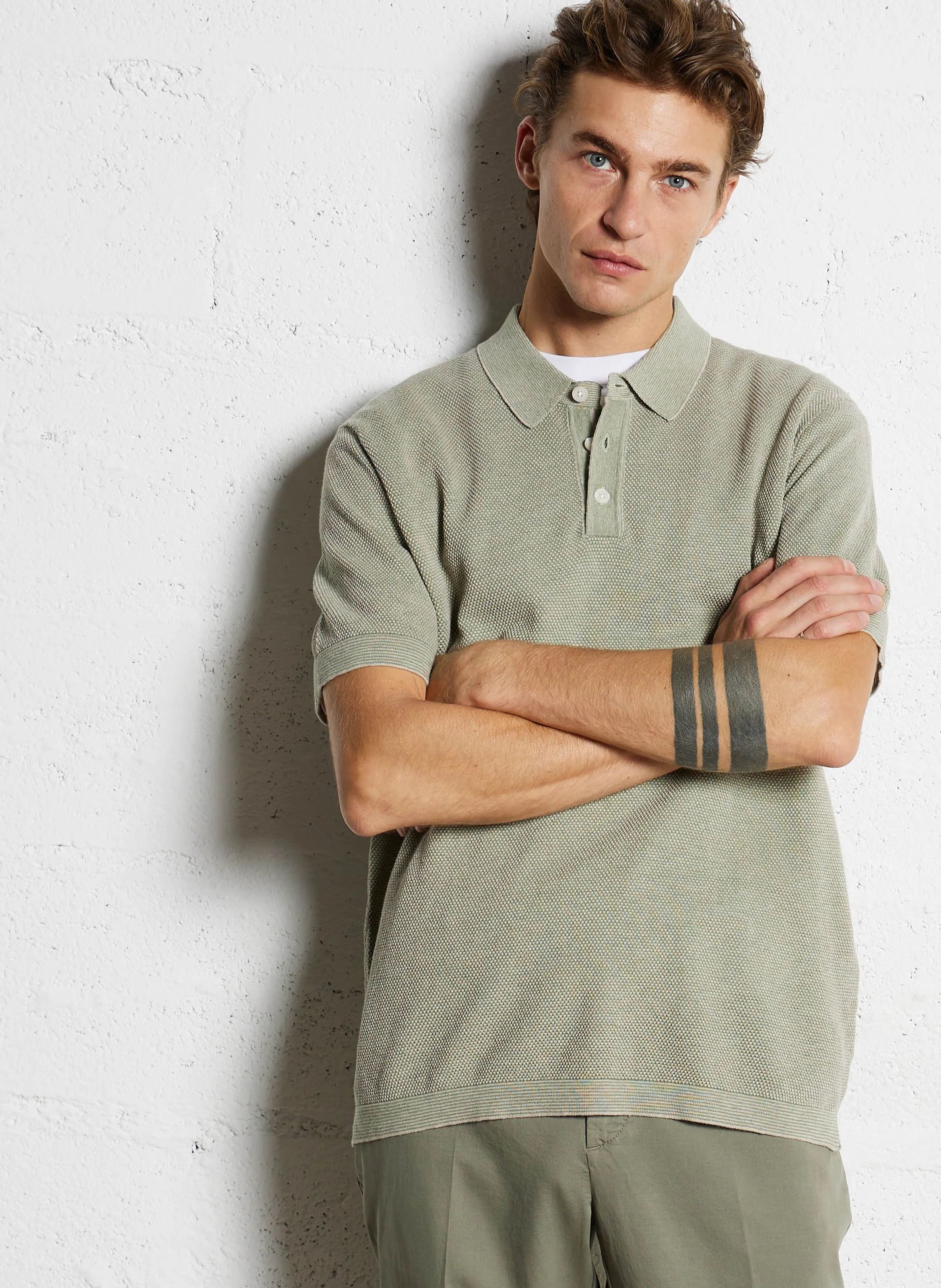 HACKETT Polo texturizado de algodón y lino mezclado en verde