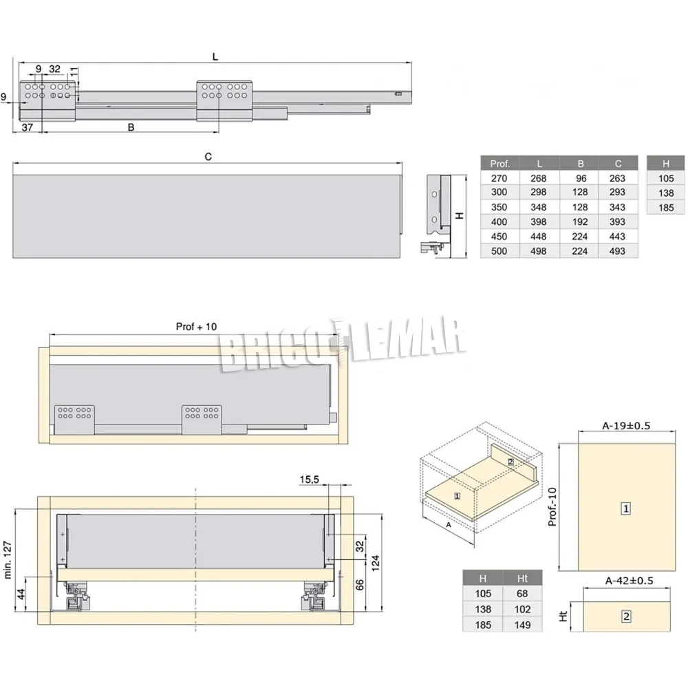 Kit cajón de cocina Concept altura 185mm profundidad 500mm cierre suave acero blanco Emuca