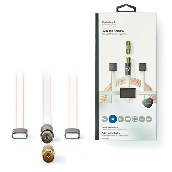 NEDIS ANFMTB105GY20 JUEGO DE ANTENAS DIPOLO FM IEC (COAXIAL) + ADAPTADOR COAXIAL MACHO  MACHO