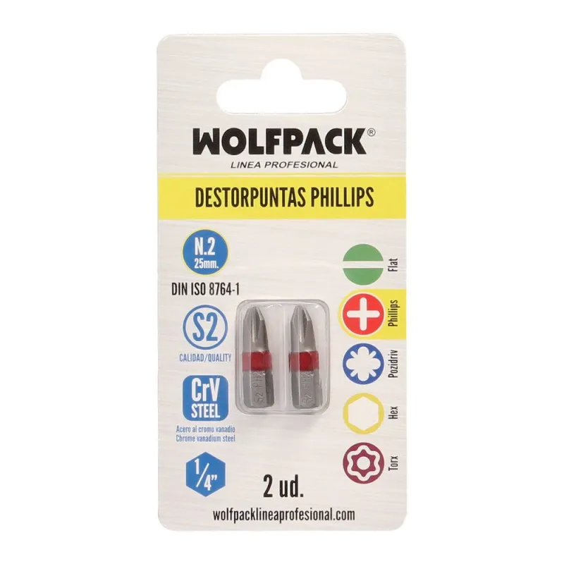 Puntas Largas Destornillador Phillips Nº 2 (2 Piezas). Acero S2 al Cromo Vanadio. Puntas Hexagonales, Destorpuntas,