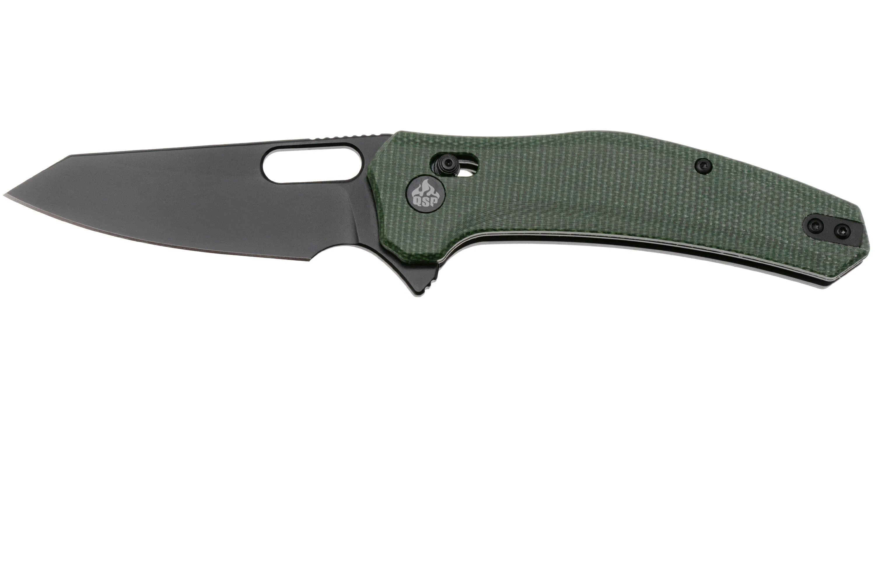 QSP KNIFE EMU 164B2, BLACK 14C28N, GREEN MICARTA, NAVAJA