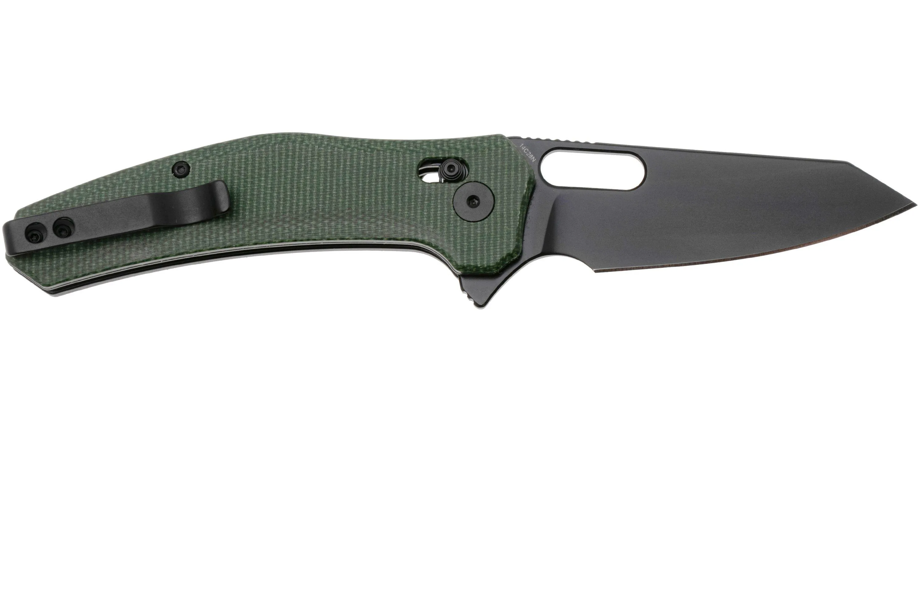 QSP KNIFE EMU 164B2, BLACK 14C28N, GREEN MICARTA, NAVAJA
