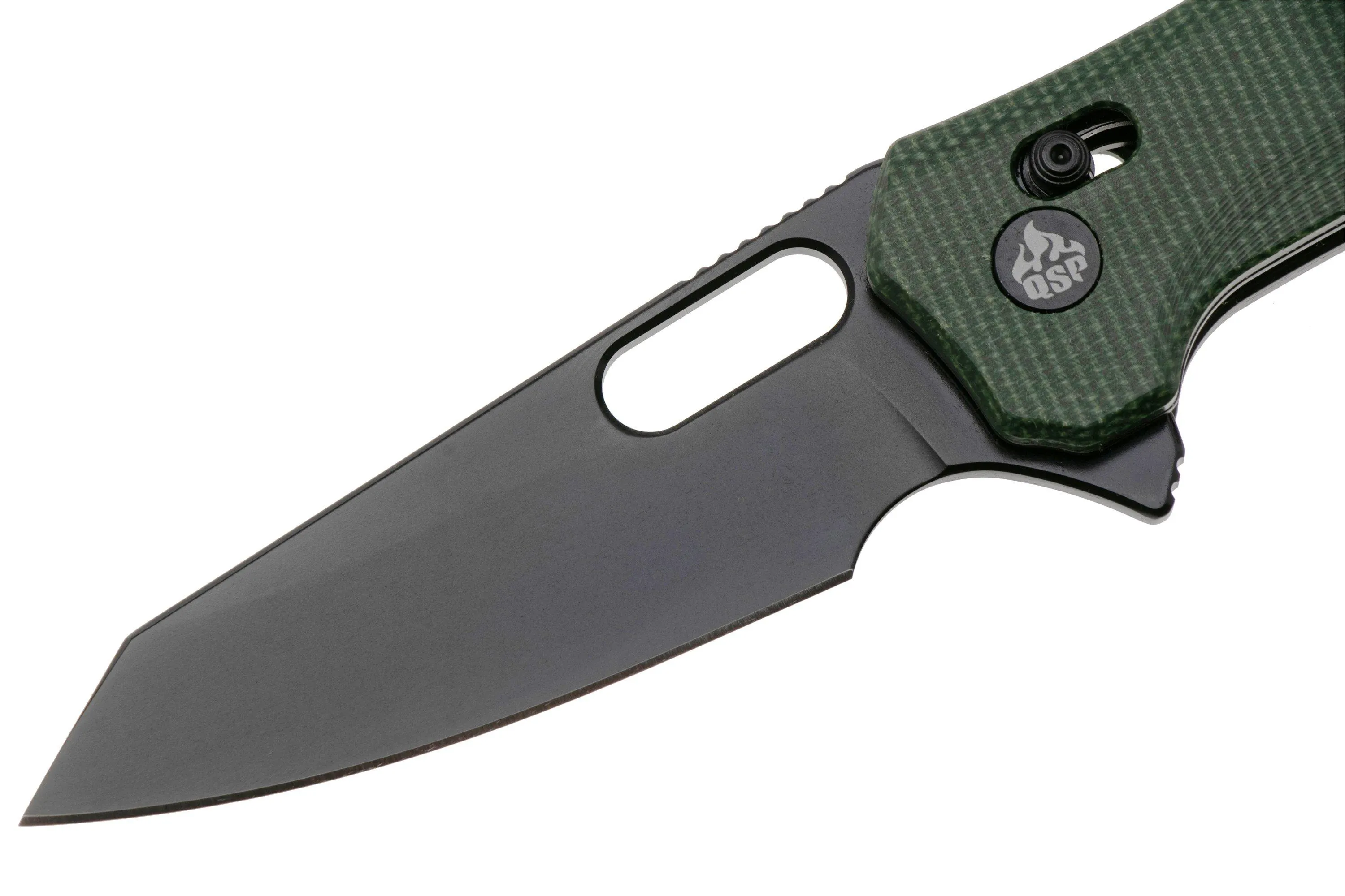 QSP KNIFE EMU 164B2, BLACK 14C28N, GREEN MICARTA, NAVAJA