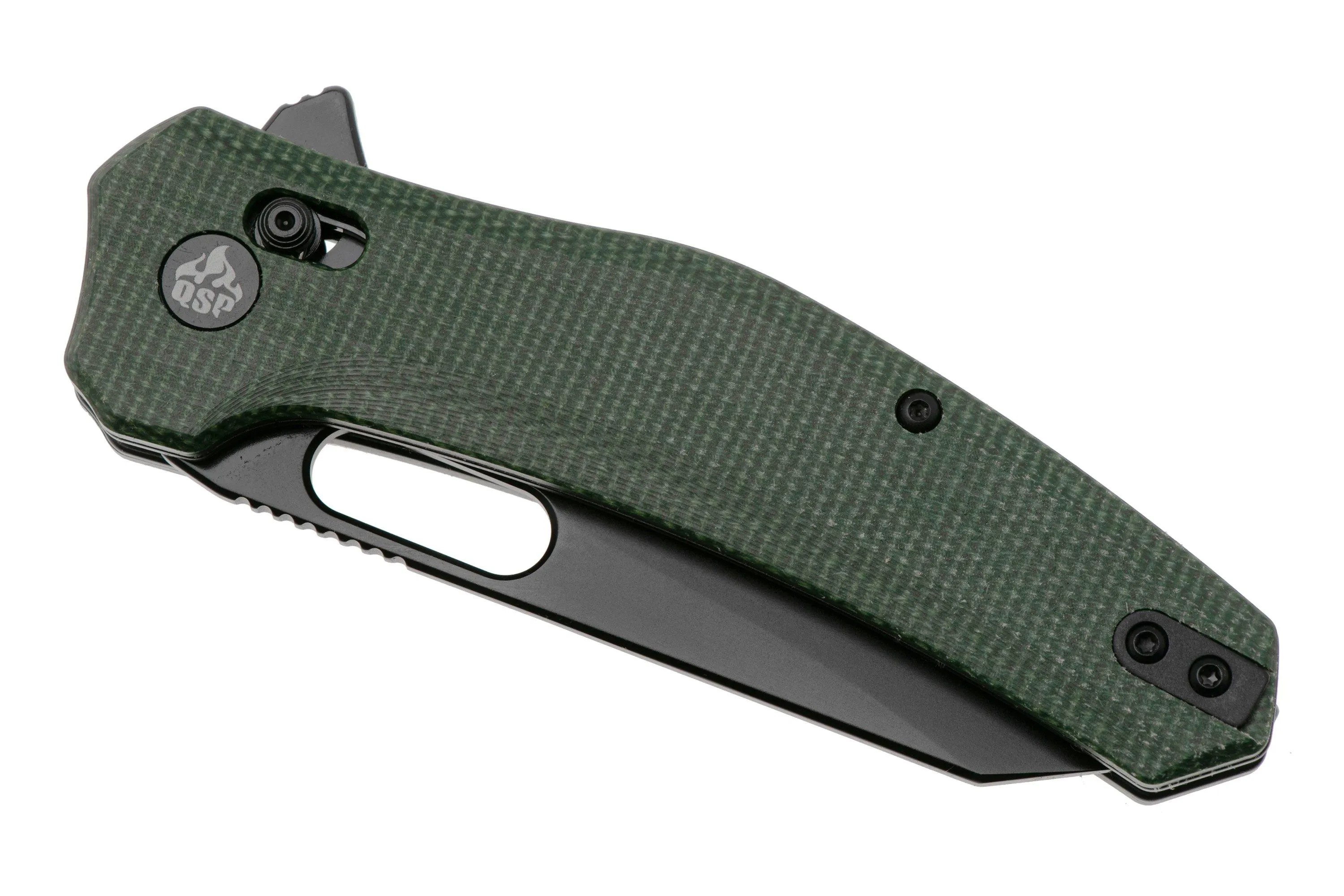 QSP KNIFE EMU 164B2, BLACK 14C28N, GREEN MICARTA, NAVAJA