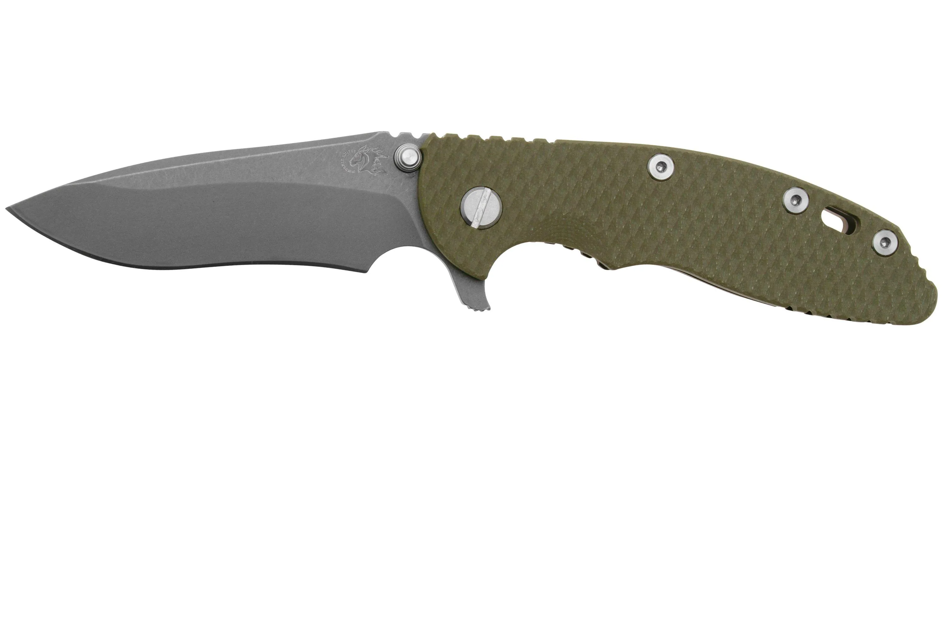 RICK HINDERER XM18, 3.5" RECURVE TRIWAY BATTLE BRONZE GREEN G10, NAVAJA