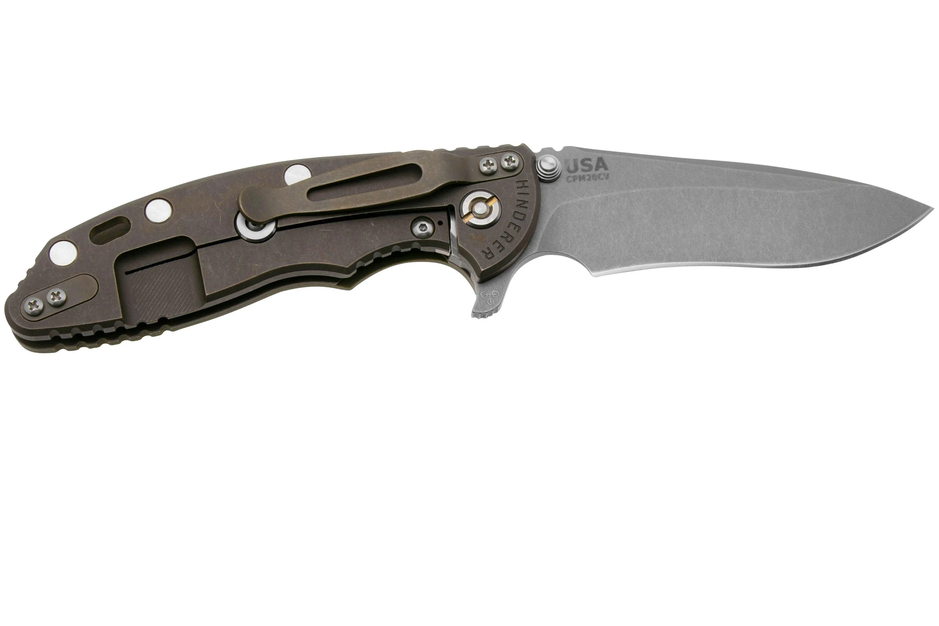 RICK HINDERER XM18, 3.5" RECURVE TRIWAY BATTLE BRONZE GREEN G10, NAVAJA