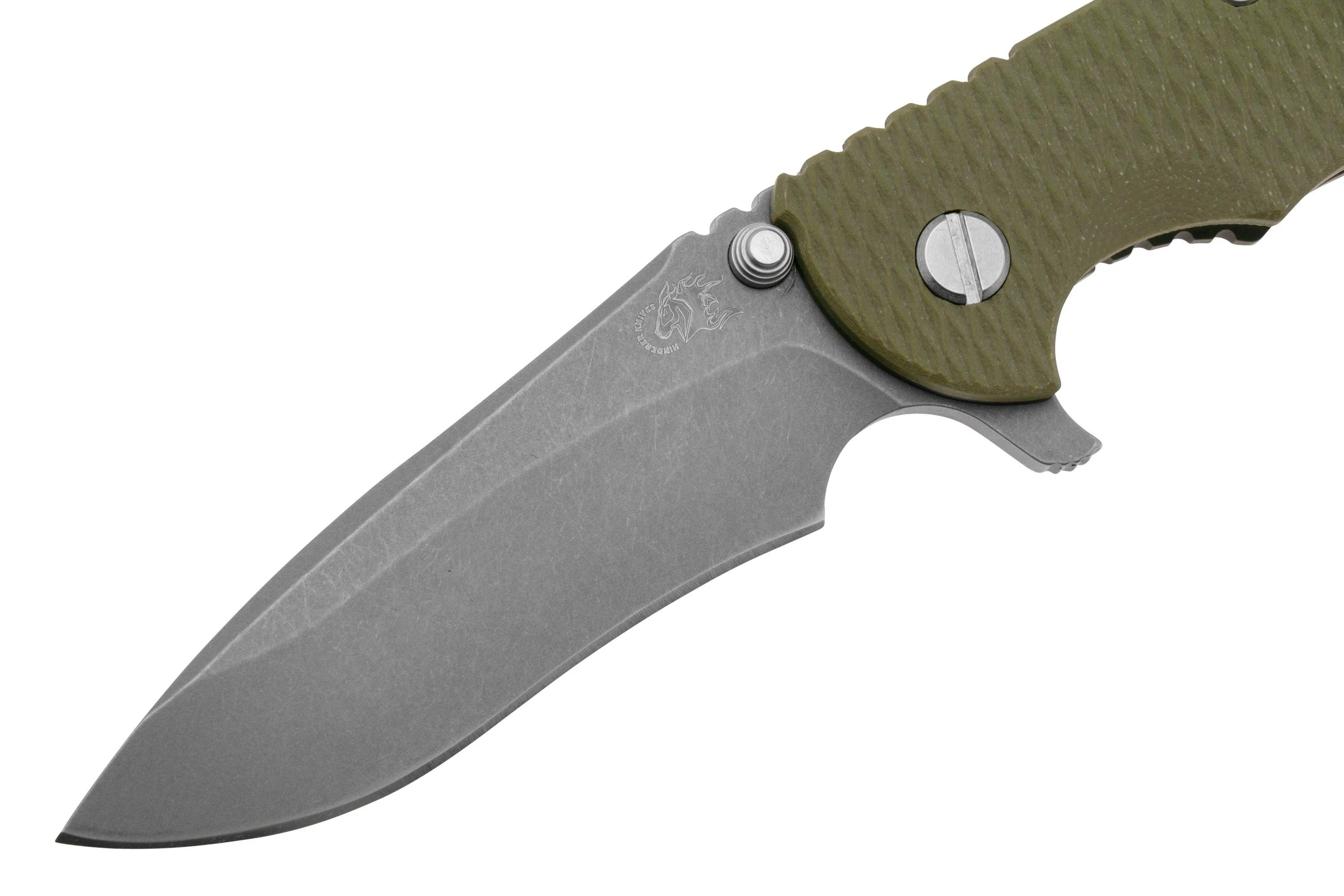 RICK HINDERER XM18, 3.5" RECURVE TRIWAY BATTLE BRONZE GREEN G10, NAVAJA