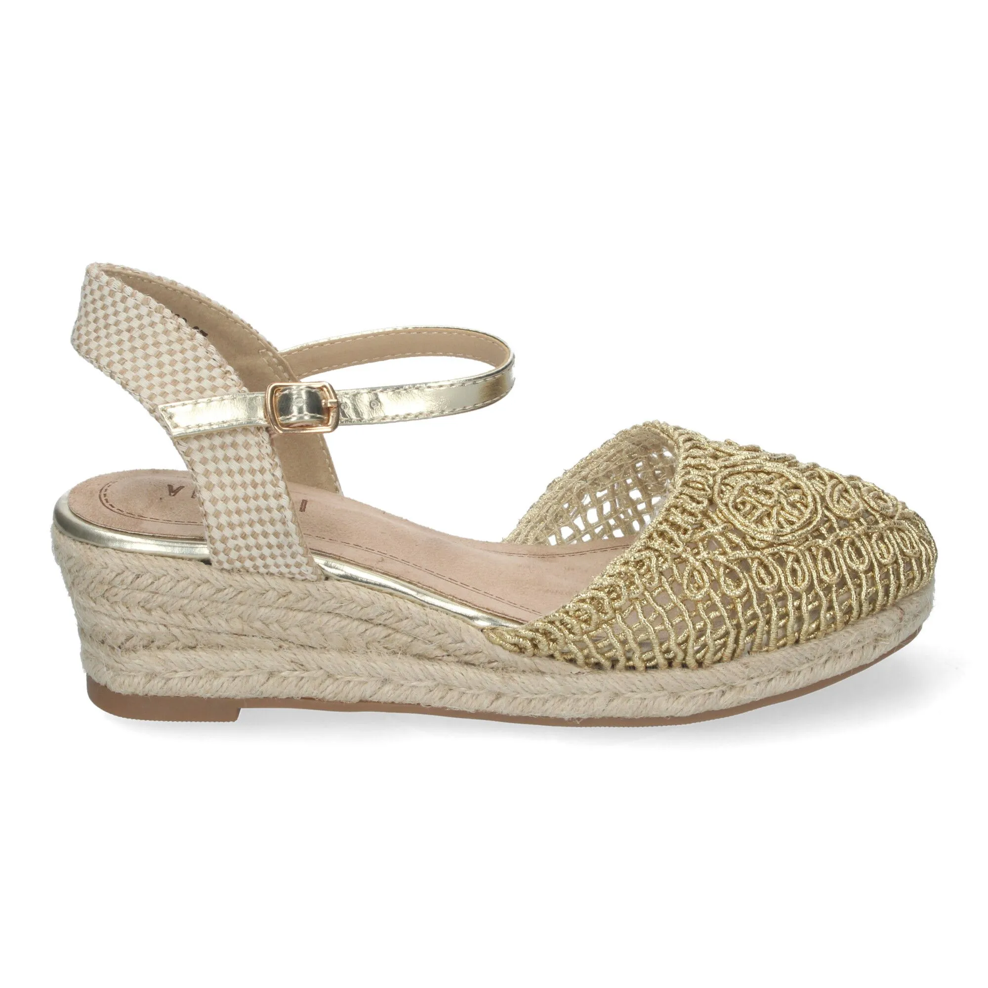 SANDALIAS DE CUñA MEDIA EN YUTE DORADAS PARA MUJER CROCHET VRA899