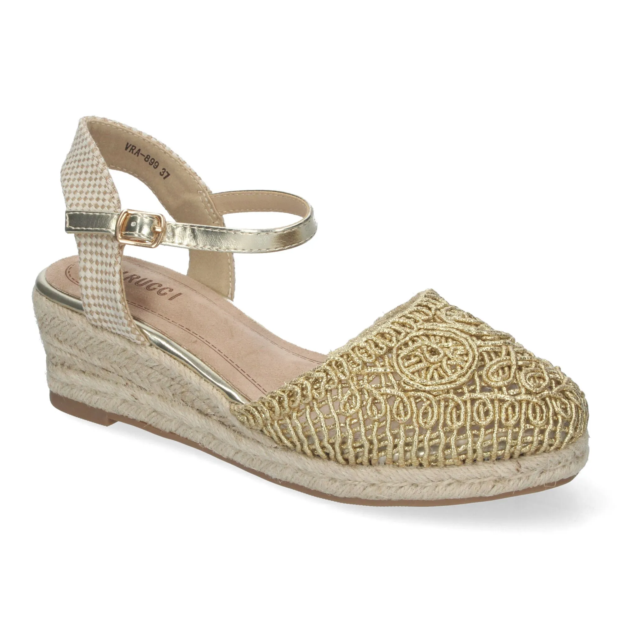 SANDALIAS DE CUñA MEDIA EN YUTE DORADAS PARA MUJER CROCHET VRA899
