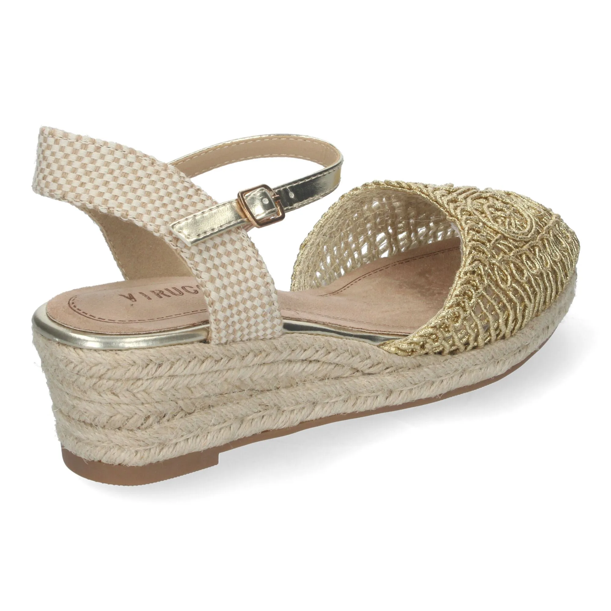SANDALIAS DE CUñA MEDIA EN YUTE DORADAS PARA MUJER CROCHET VRA899