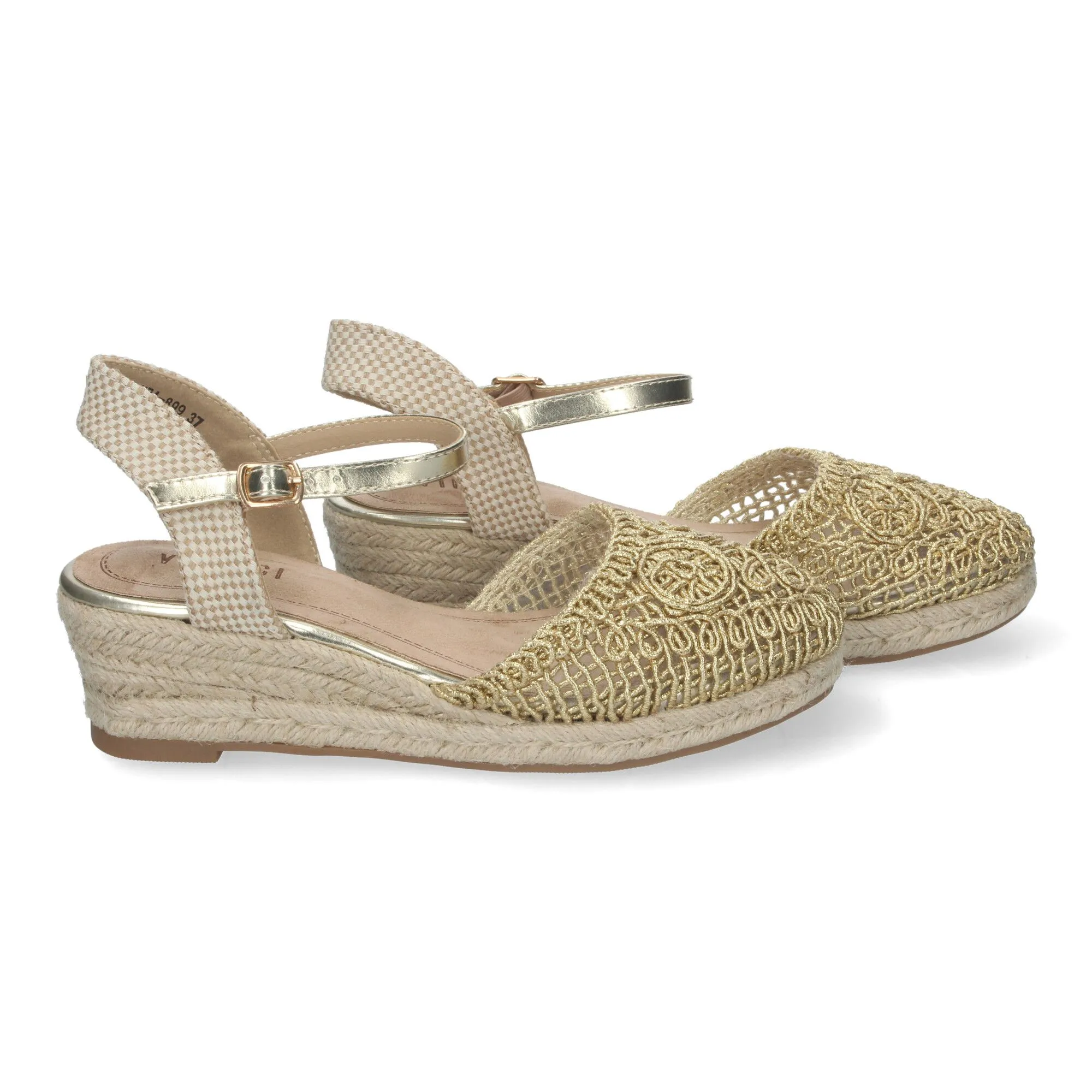 SANDALIAS DE CUñA MEDIA EN YUTE DORADAS PARA MUJER CROCHET VRA899