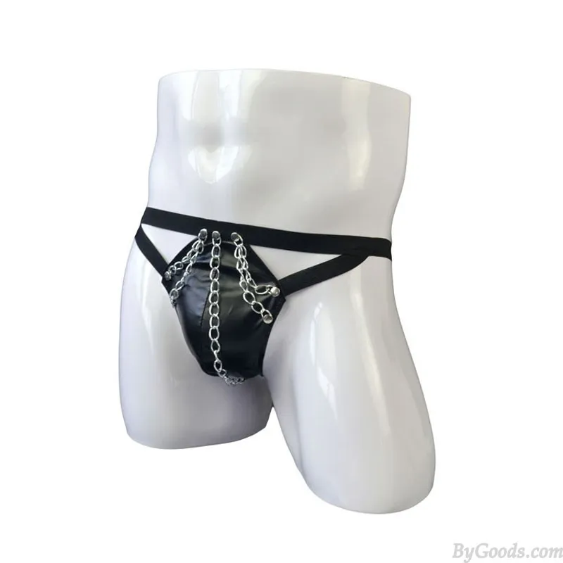 SEXY FAUX LEATHER RIVET BULGE POUCH CROSSDRESS BRIEFS THONG UNDERWEAR MEN'S LINGERIE KNICKERS PANTIES SISSY NAUGHTY TBACK UNDER