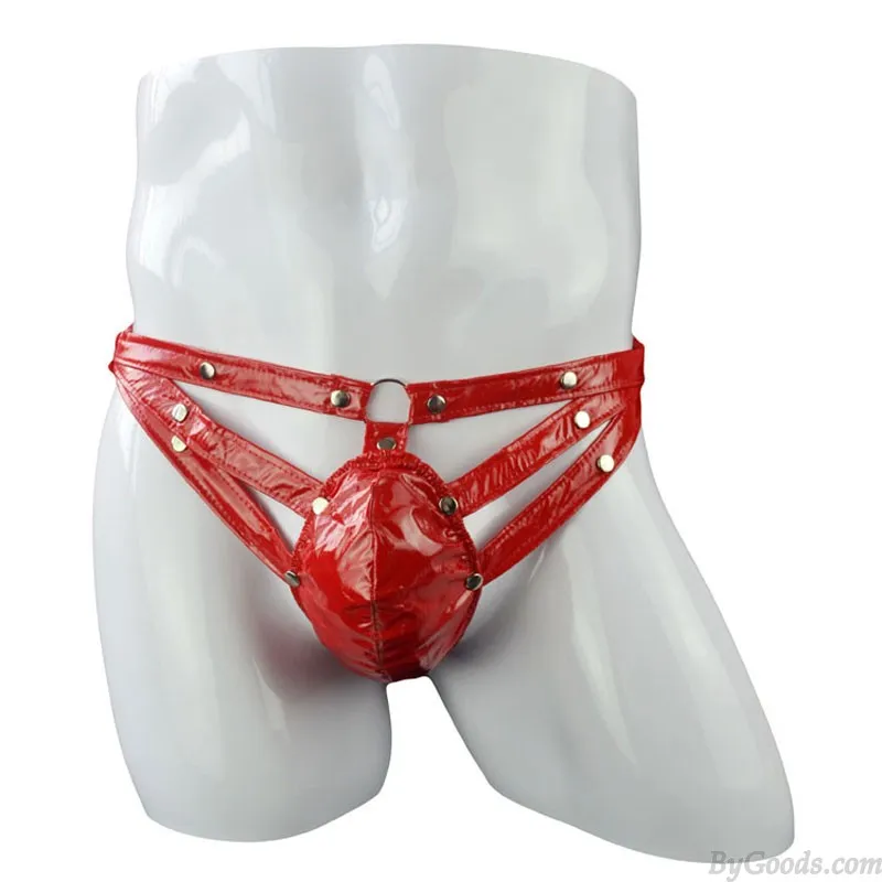 SEXY FAUX LEATHER RIVET BULGE POUCH CROSSDRESS BRIEFS THONG UNDERWEAR MEN'S LINGERIE KNICKERS PANTIES SISSY NAUGHTY TBACK UNDER