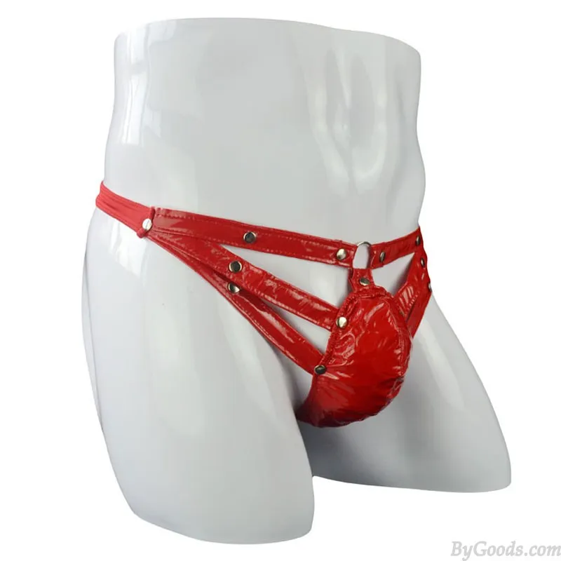 SEXY FAUX LEATHER RIVET BULGE POUCH CROSSDRESS BRIEFS THONG UNDERWEAR MEN'S LINGERIE KNICKERS PANTIES SISSY NAUGHTY TBACK UNDER