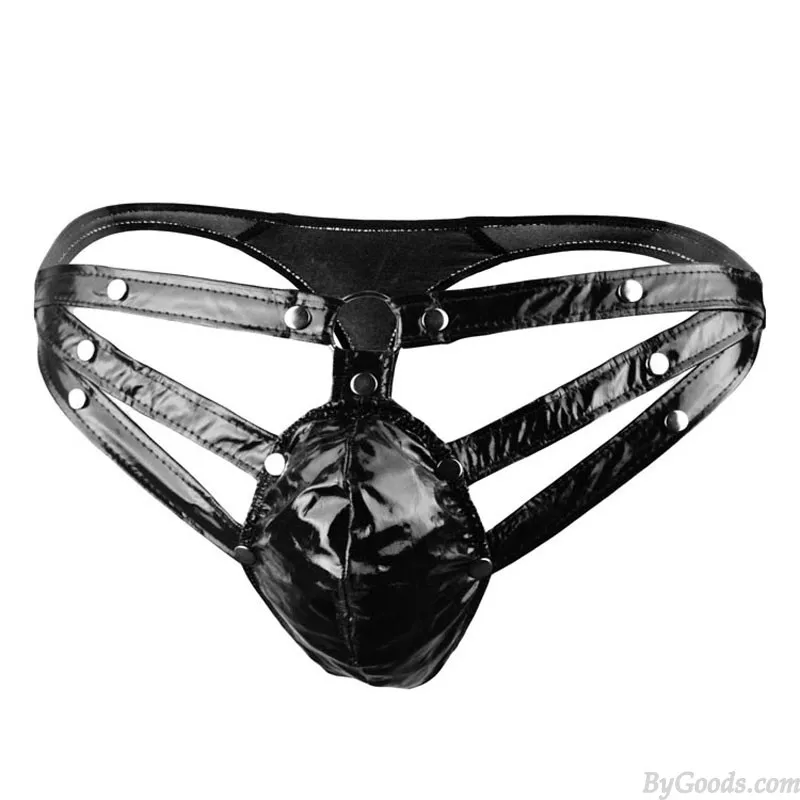 SEXY FAUX LEATHER RIVET BULGE POUCH CROSSDRESS BRIEFS THONG UNDERWEAR MEN'S LINGERIE KNICKERS PANTIES SISSY NAUGHTY TBACK UNDER