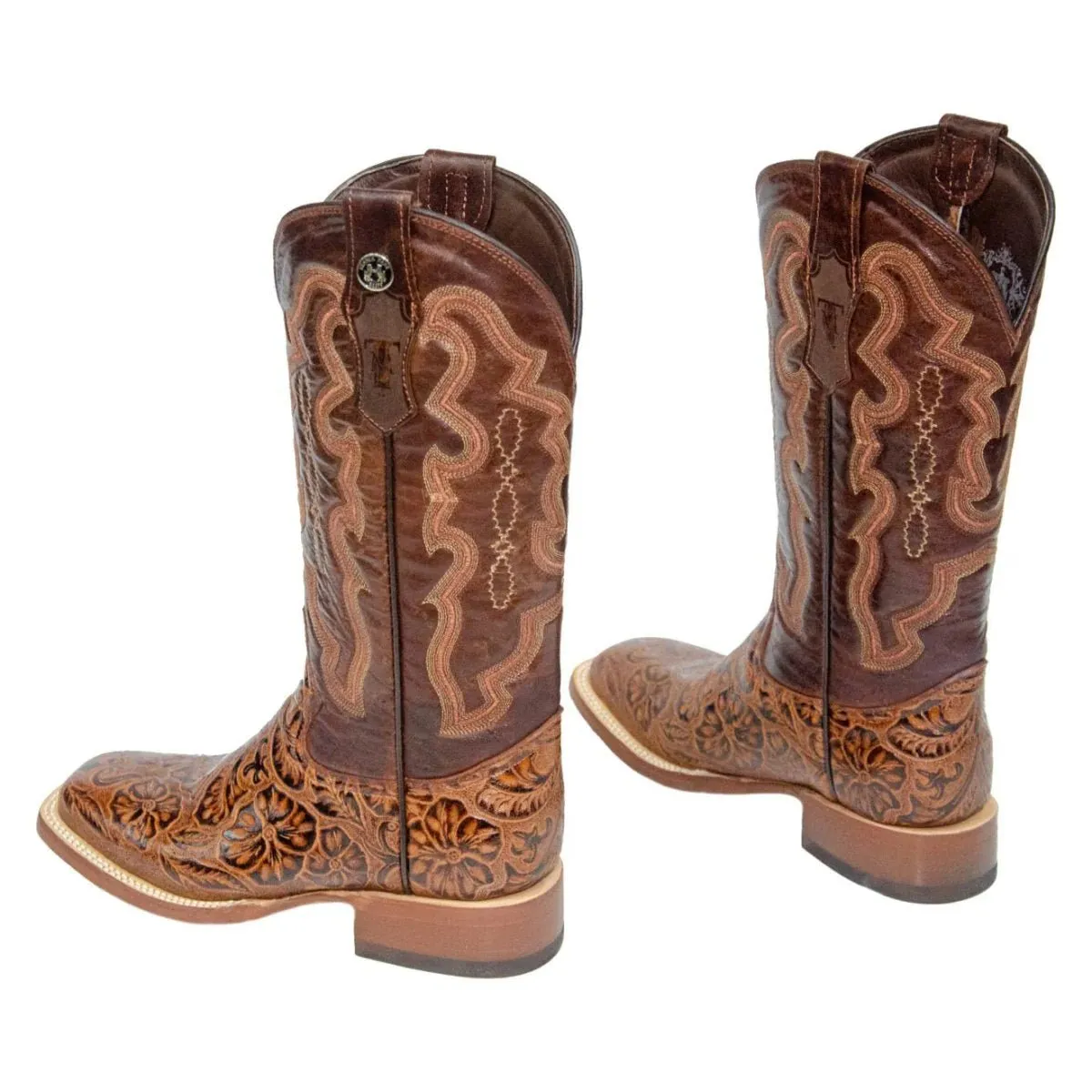 Tanner Mark Women's 'Wildfire' Hand Tooled Square Toe Leather Boots Cognac